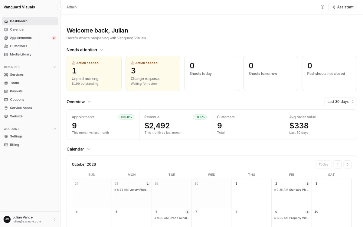 The owner dashboard with what needs attention, this month’s appointments, revenue and customers, and the shoot calendar